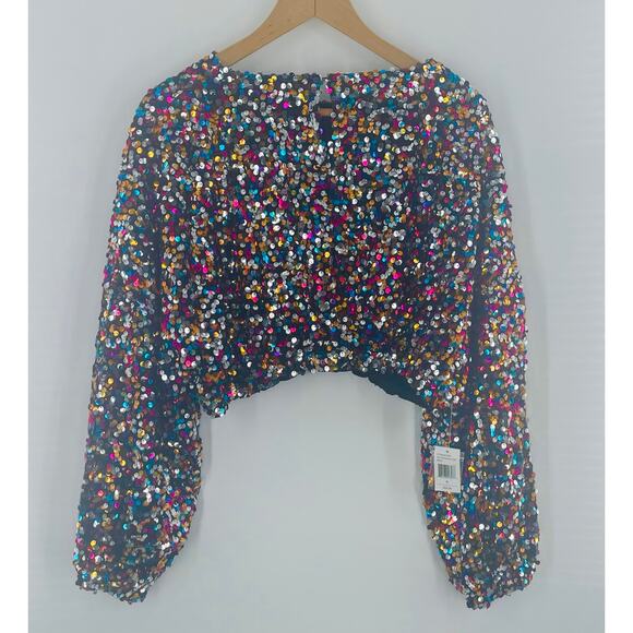 NWT En Creme Multi Color Rainbow Rubina Confetti Sequin Cropped Top - Picture 4 of 14